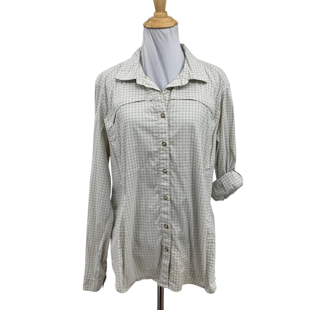 Orvis Shirt Women XL Gray White River Guide Gingham Plaid Vented Long Tab Sleeve